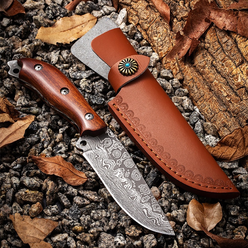 Damascus Pattern Hunting Skiner Knife Wood Handle Sharp Edge 9 Inches