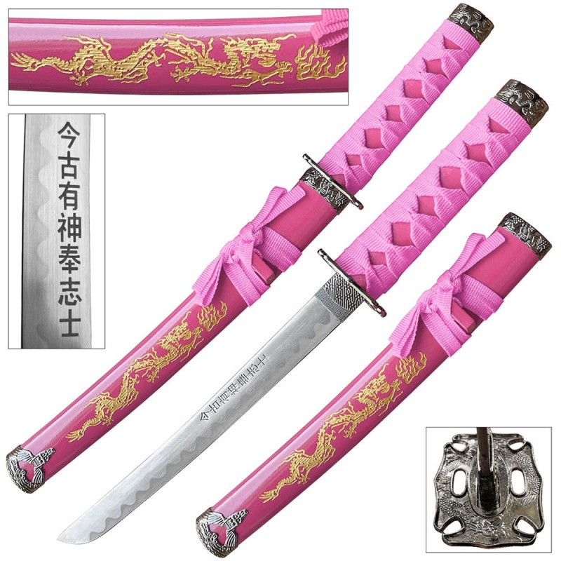 Edge Tanto 21" Sword W/ Gold Dragon Engraved Pink Scabbard