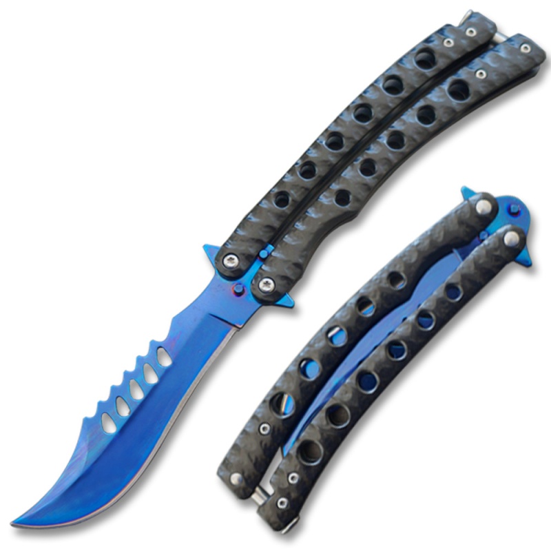 Serrated Swift Black Handle Balisong Two-Tone Blue Blade Coated Butterly Knife Curved Blade