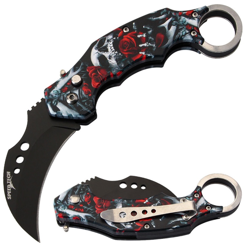 Automatic Karambit Knife 3D Printed Red Rose & Skull Handle