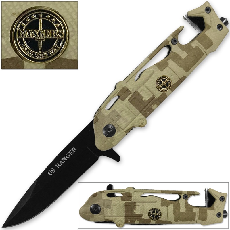 Us Rangers Helicopter Tactical Folding Knife Spring Assist Emergency Desert Camo