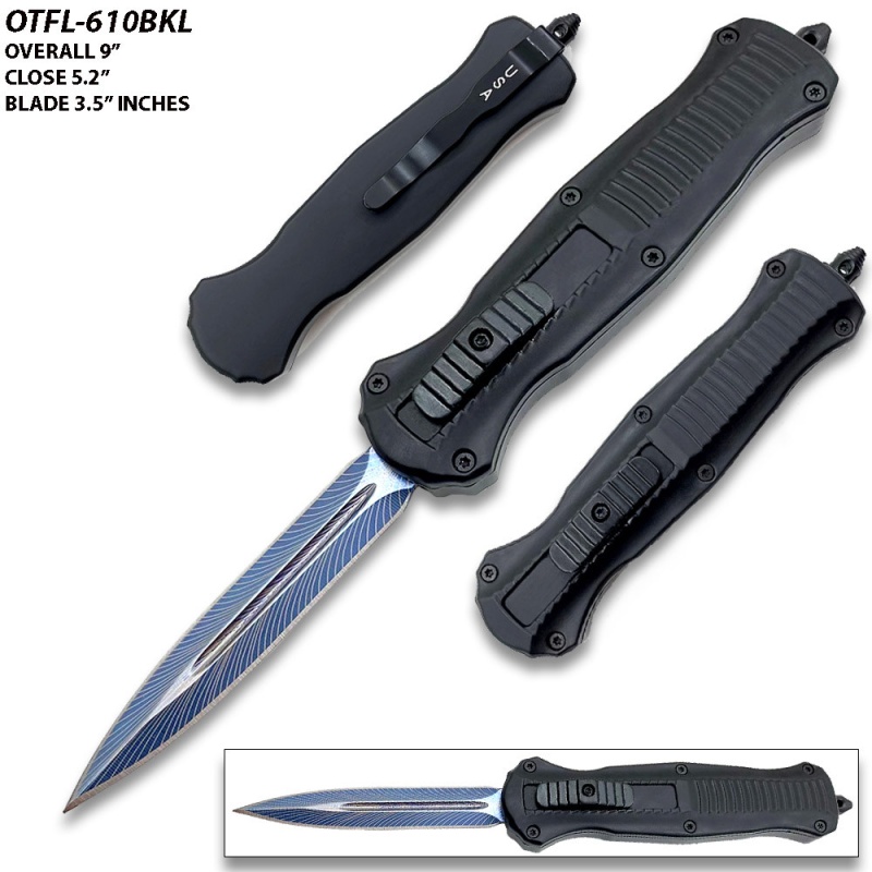 9 "Spear Point Blue Etched Otf Knife Tactical Edge Black Handle