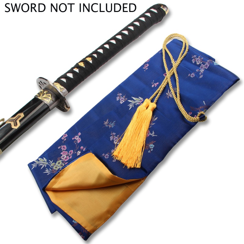 Blue Silk Embroidered Sword Bag With Gold Rope Tie