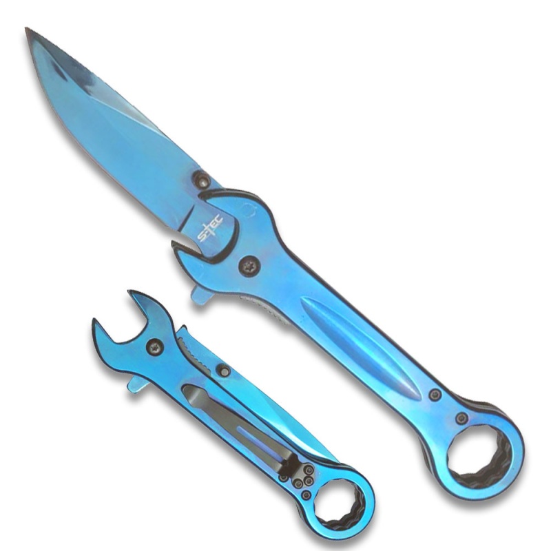 Spring Assist Folding Knife & Wrench Multitool - Blue