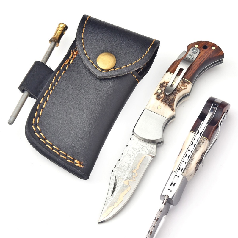 6.5" Damascus Steel Folding Knife W Copper Blade Line W Wood & Stag Handle