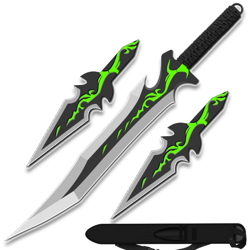 Green Fantasy Ninja Warrior Sword 26" W/2 Pcs Throwing Knife Set