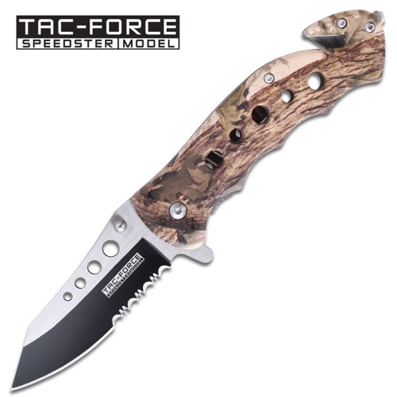 Tac-Force High Def Woodland Camo Rescue Folding Pocket Knife Glass Breaker Belt Cutter