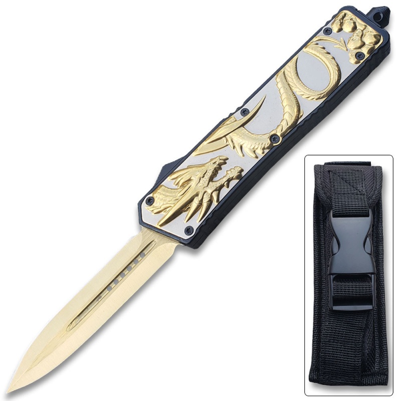 Straight Edge Gold Dragon Flagship Otf Knife Spear Point