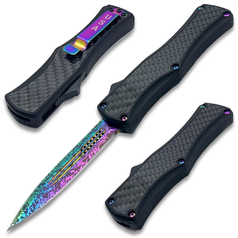 Otf Damascus Pattern Titanium Blade Double Edge Carbon Fiber Handle