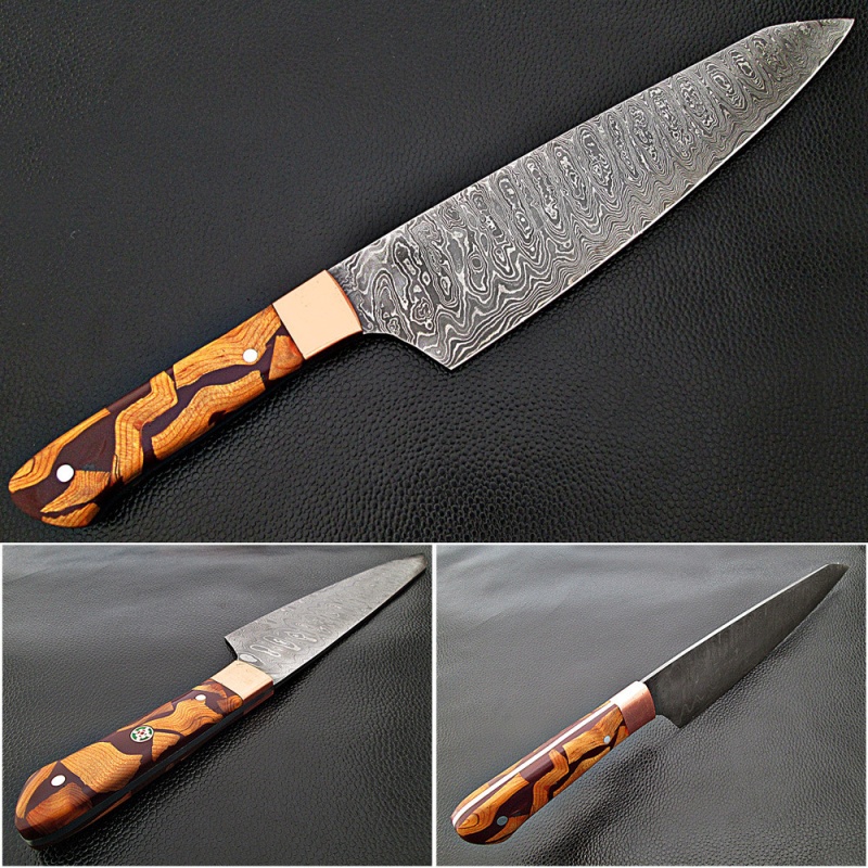 Santoku Damascus Steel Forged Chef Knife Wood Chip Resin By White Deer
