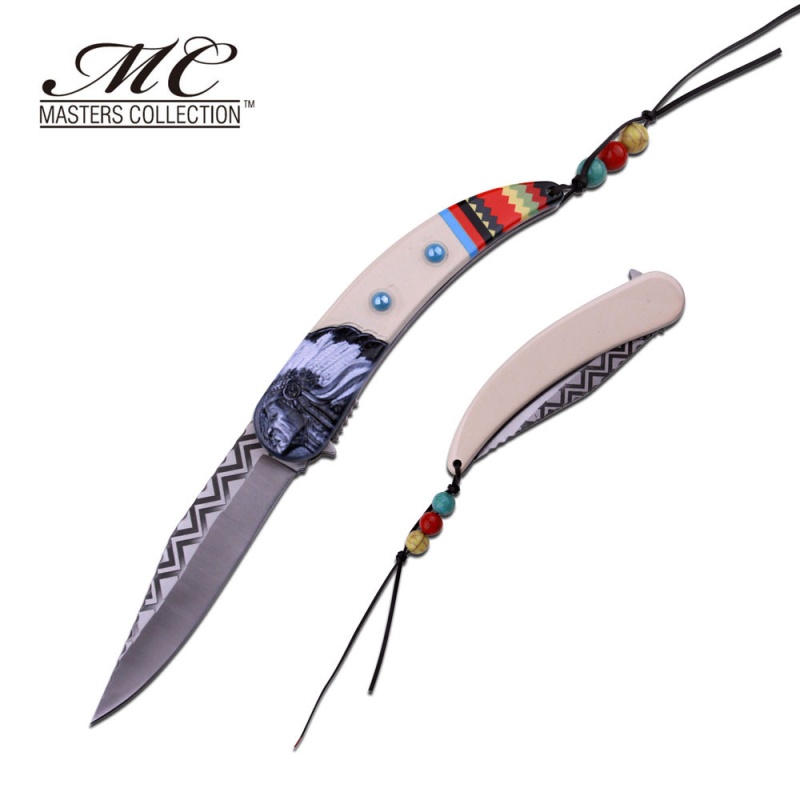 Mc Masters Collection American Indian Styled Ecru Spring Assisted Knife 3Cr13 Steel