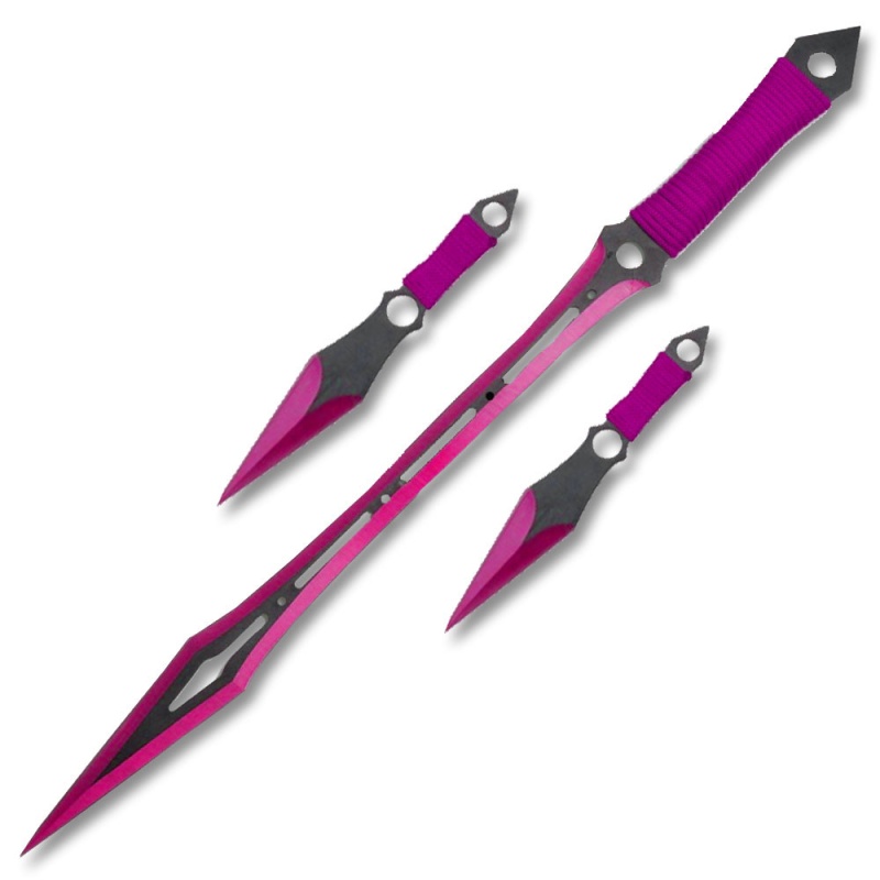 Purple Ninja Warrior Sword 27" Overall 2 Pcs Throwing Knife Set