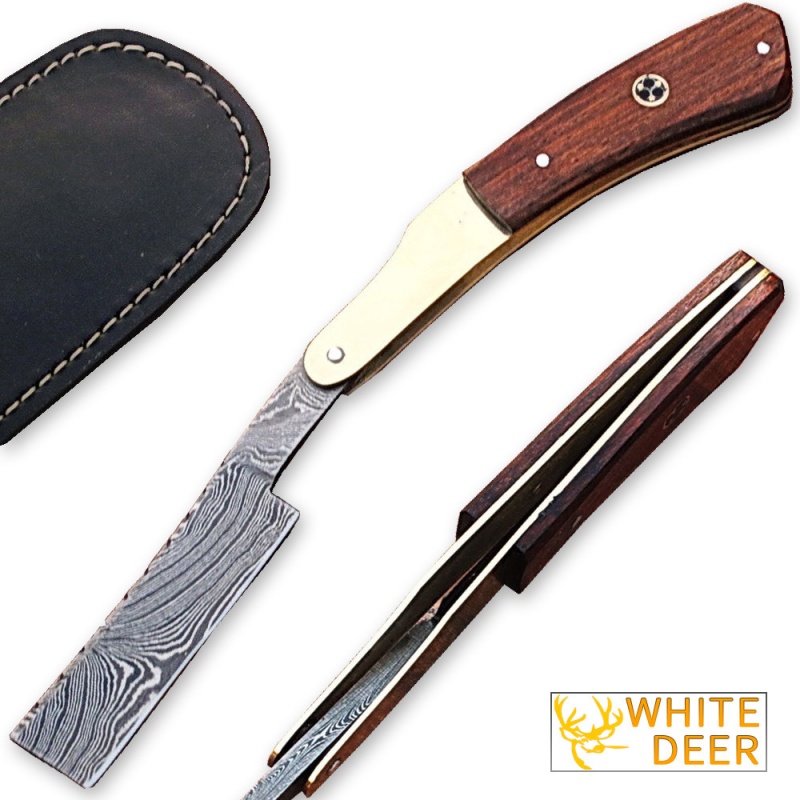 White Deer Damascus Steel Straight Razor W/ Wood & Brass Handle