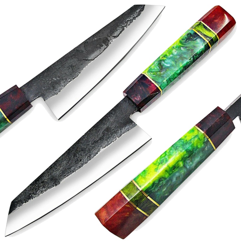 White Deer 1095 Hanf Forged Steel Santoku Tanto Chef Knife Japanese Resin Handle