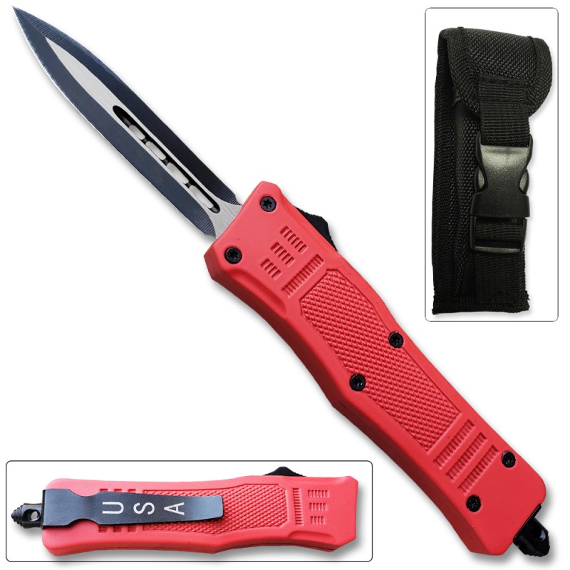 Red Legacy Otf Knife Spear Point, Double Edged Blade