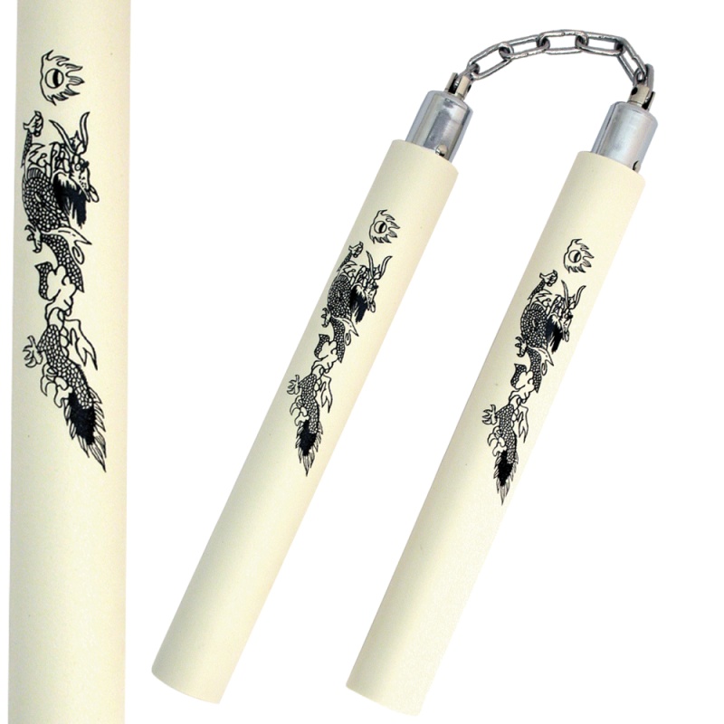 12" Foam Nunchaku, White Color With Chain Black Dragon Design Imprint
