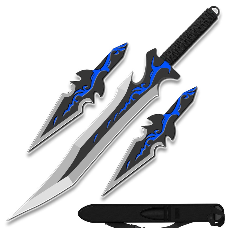 Blue Fantasy Ninja Warrior Sword 26" W/2 Pcs Throwing Knife Set