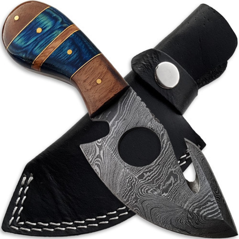 White Deer Tracker Damascus Steel Knife Gut Hook Hunting Skinner W Finger Hole