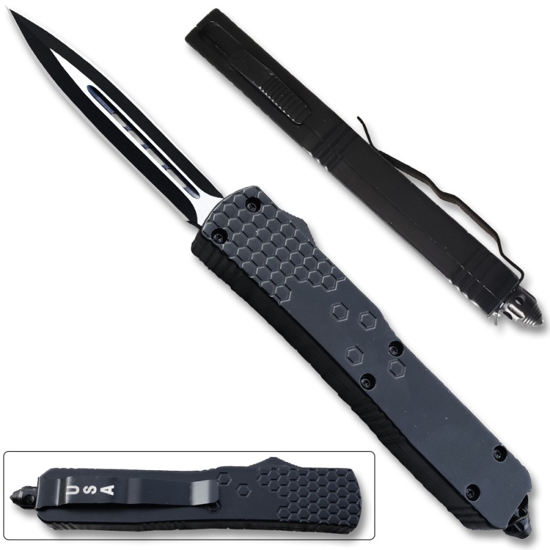 Slim Black Spear Point Otf Knife Assisted Open Tactical Glass Breaker