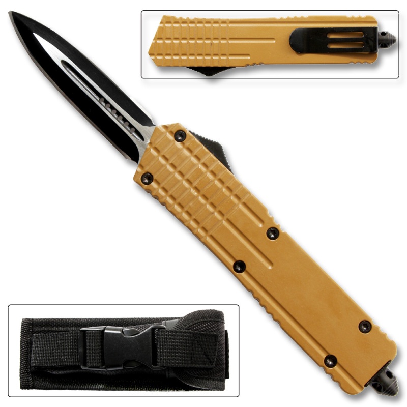 Brown Spear Point Otf Out The Front Assisted Open Tactical Glass Breaker Brown Handle