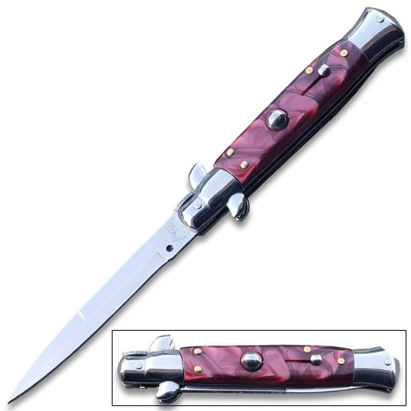 Red White Pearl Classic Stiletto Knife Red Pearl Handle