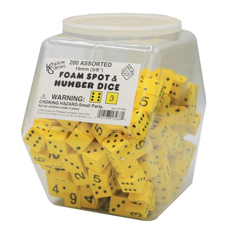 16Mm Foam Dice Tub Of 200 Yellow Spot & Number