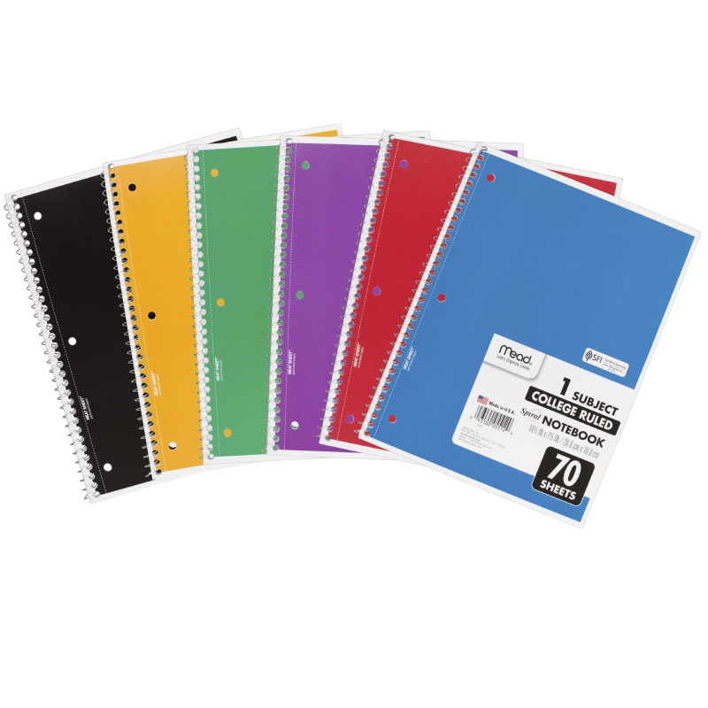 Notebook Spiral Single 70 Sht Ct College Ruled Assorted Colors