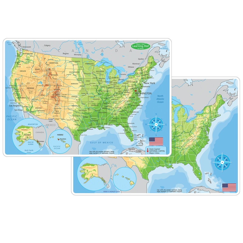 Us Map Physicl Learning Mat 2 Sided Write On Wipe Off