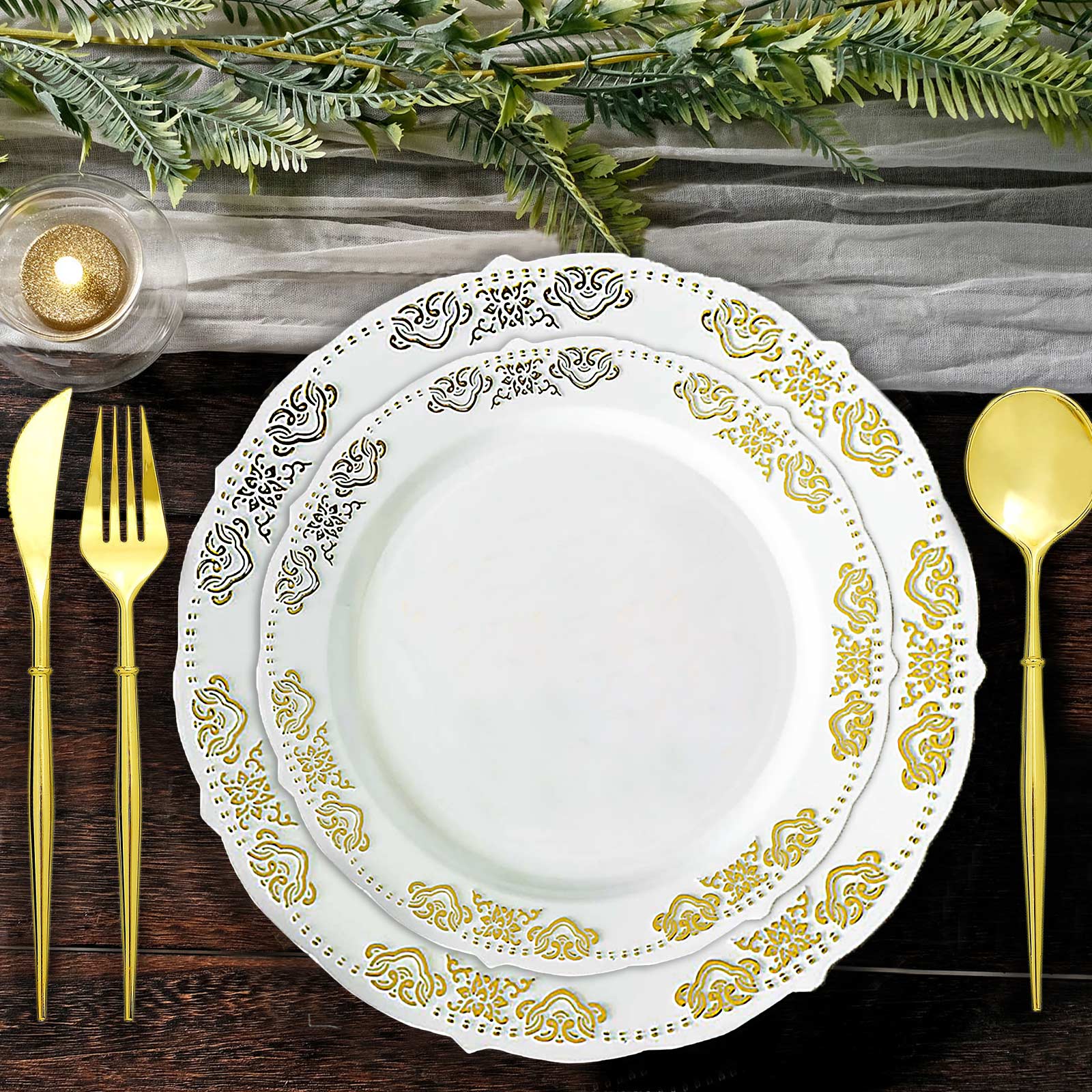 10 Pack Gold Embossed Plastic Appetizer Salad Plates, Round White/Gold With Scalloped  Edges 7.5