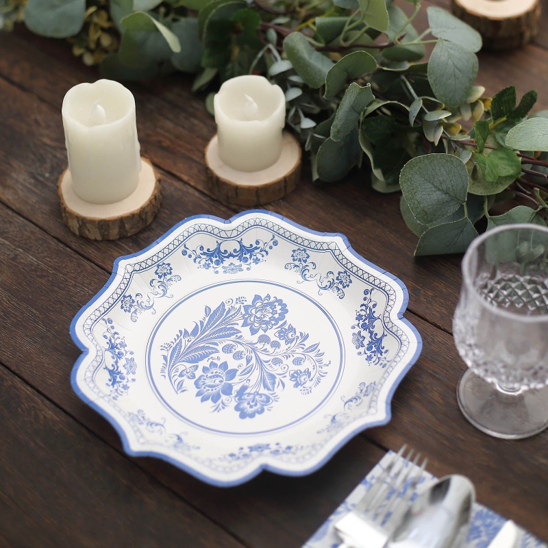 Chinoiserie Floral Paper Plates with Scalloped Rims