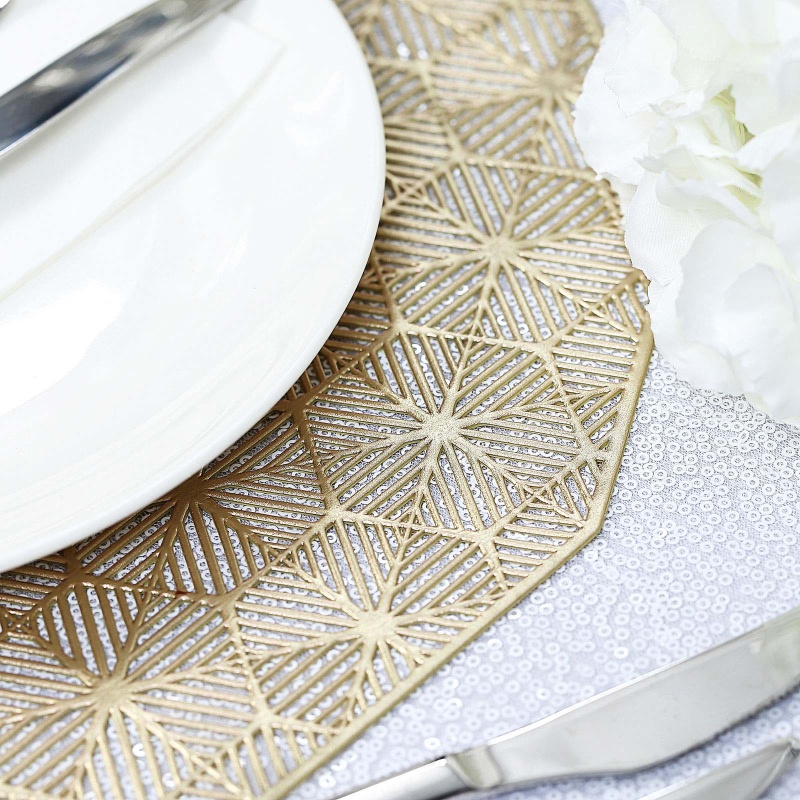 6 Pack | 12x18 Gold Metallic Non-Slip Placemats, Wheat Design Rectangle Vinyl Table Mats | by Tableclothsfactory