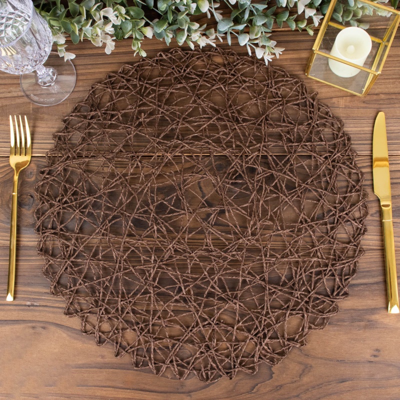 6 Pack Dark Brown Woven Fiber Placemats, Round Table Mats 15