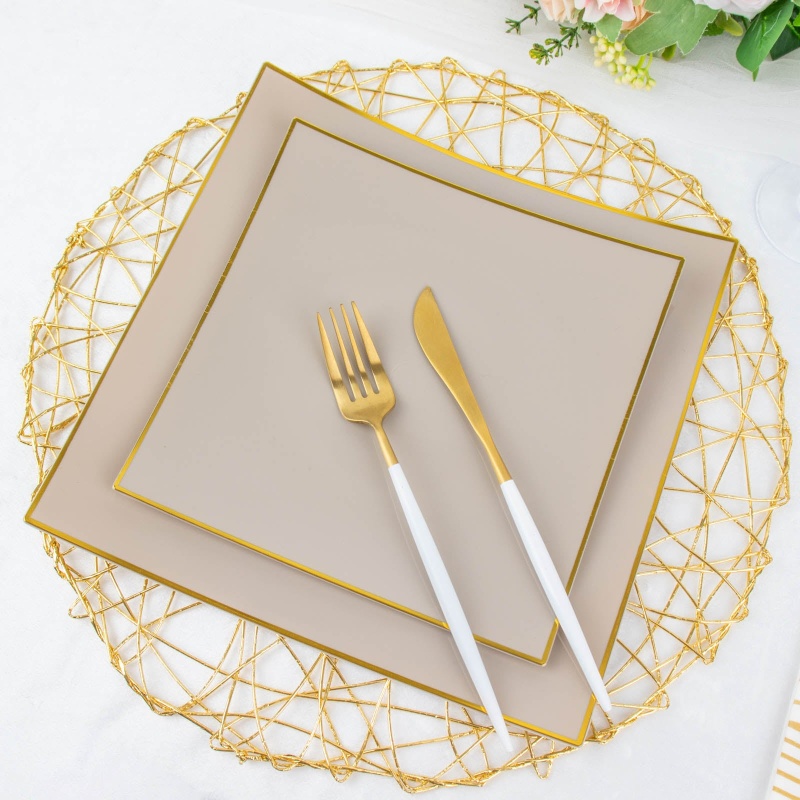 10 Pack Black / Gold Concave Modern Square Plastic Dessert Plates