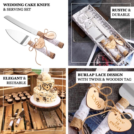 Natural Rustic Jute Lace Wedding Cake Knife Server Party Favors Set