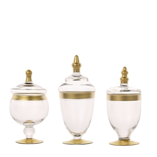 Set of 3 | Gold Trim Clear Glass Apothecary Party Favor Candy Jars with Snap on Lids - 9/9/8 | by Tableclothsfactory