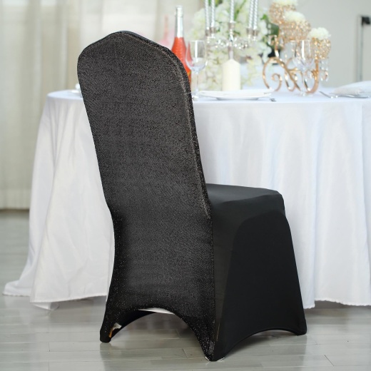 Black Spandex Stretch Banquet Chair Cover, Fitted With Metallic