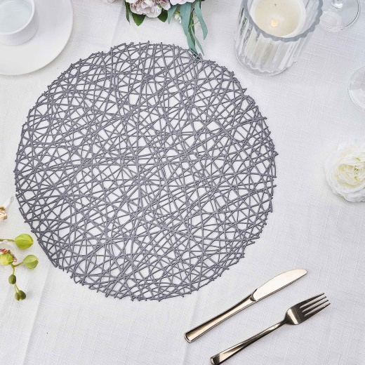 6 Pack Silver Metallic Non-Slip Placemats, Wheat Design Round