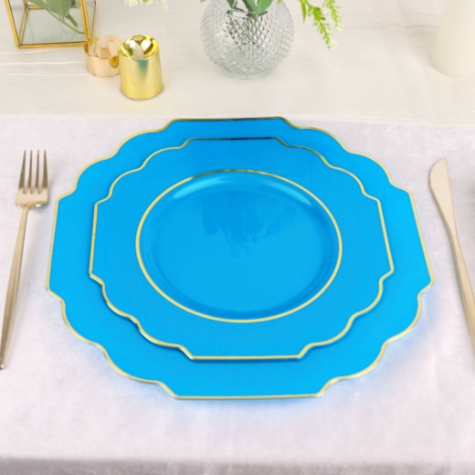 10 Pack Turquoise Hard Plastic Dessert Appetizer Plates, Disposable  Tableware, Baroque Heavy Duty Salad Plates With Gold Rim 8