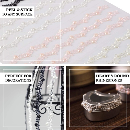 Blush Self Adhesive Craft Rhinestone Trim Strips, Heart Pearl Stickers