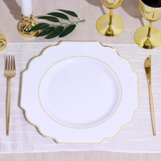 10 Pack White Hard Plastic Dinner Plates, Disposable Tableware, Baroque Heavy  Duty Plates With Gold Rim 11
