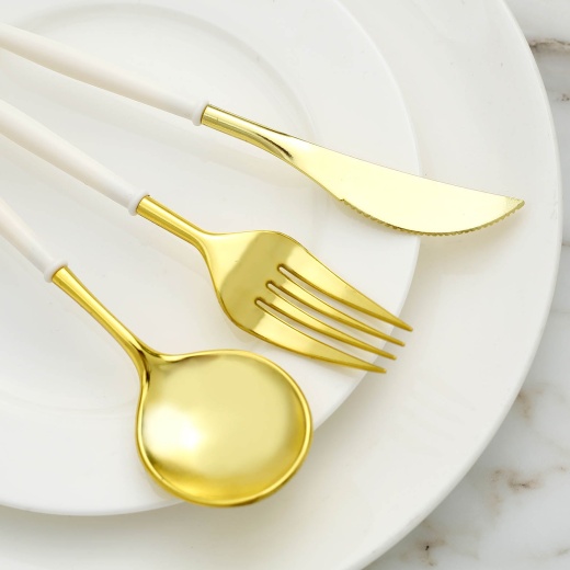 Gold with White Handle Moderno Disposable Plastic Cutlery Set