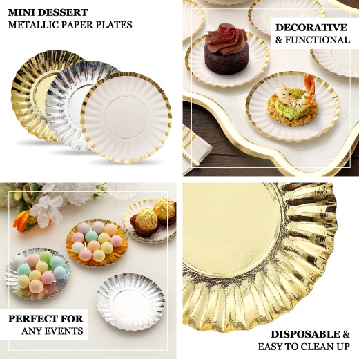 50 Pack Metallic Silver Scalloped Rim Mini Paper Dessert Plates, Disposable  Round Tapas Party Plates 250 GSM 3.5