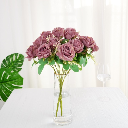 2 Bushes Dusty Rose Artificial Silk Rose Flower Arrangements, Real Touch  Long Stem Flower Bouquet 18