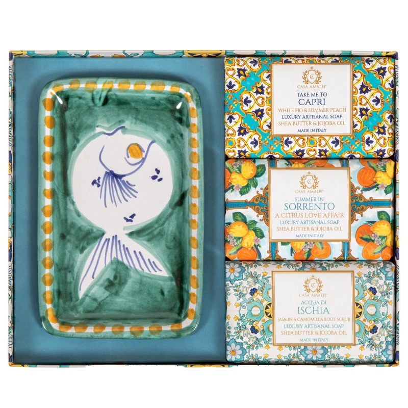 Casa Amalfi Green Maiolica Gift Box: 3 Soaps + Ceramic Soap Dish