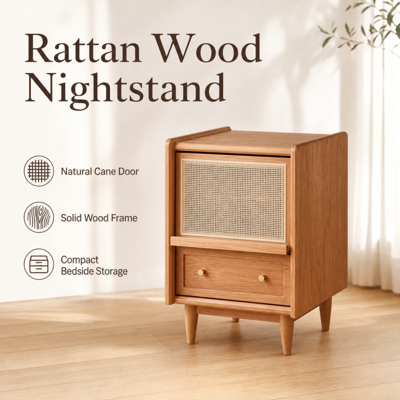 Rattan Wood Nightstand With Drawer