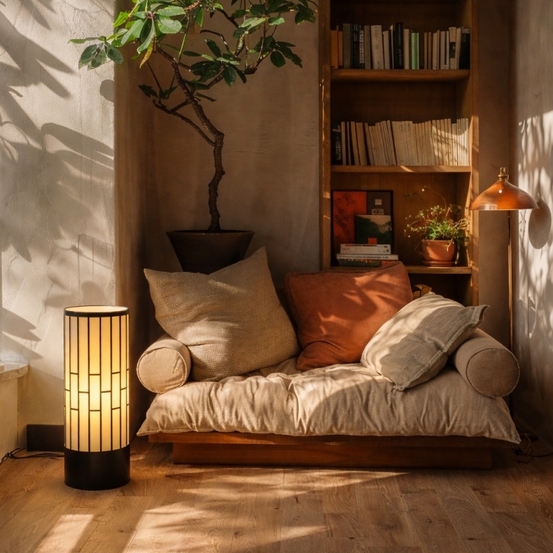 Japanese Style Floor Lamp with Fabric Shade