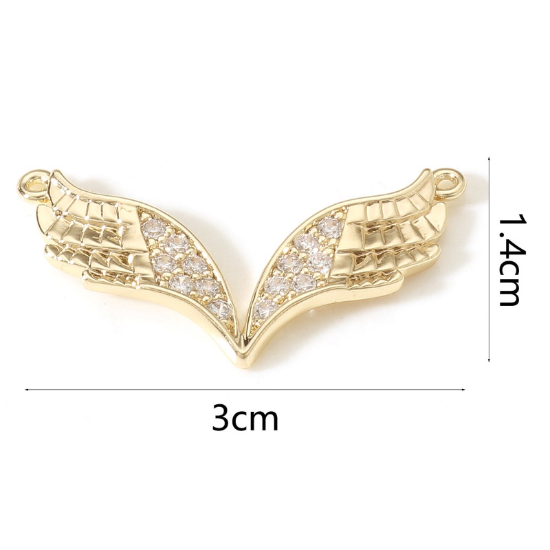 Copper Pendants 18K Real Gold Plated Wing Micro Pave Clear Cubic Zirconia 3Cm X 1.4Cm, 1 Piece