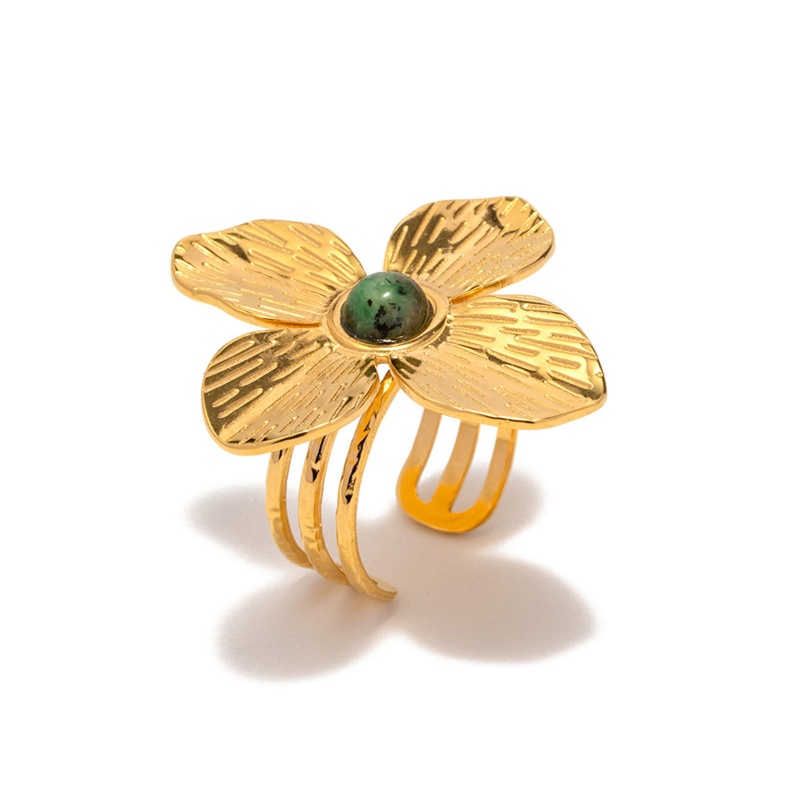 Eco-Friendly Retro Stylish 18K Real Gold Plated 304 Stainless Steel & Stone Open Adjustable Flower Rings For Women Party 20Mm(Us Size 10.25), 1 Piece