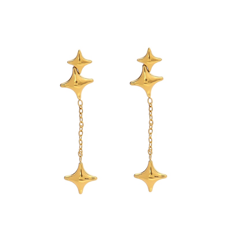 Eco-Friendly Vacuum Plating Simple & Casual Stylish 14K Real Gold Plated 304 Stainless Steel Four-Pointed Star Tassel Earrings For Women Party 4Cm X 0.9Cm, 1 Pair