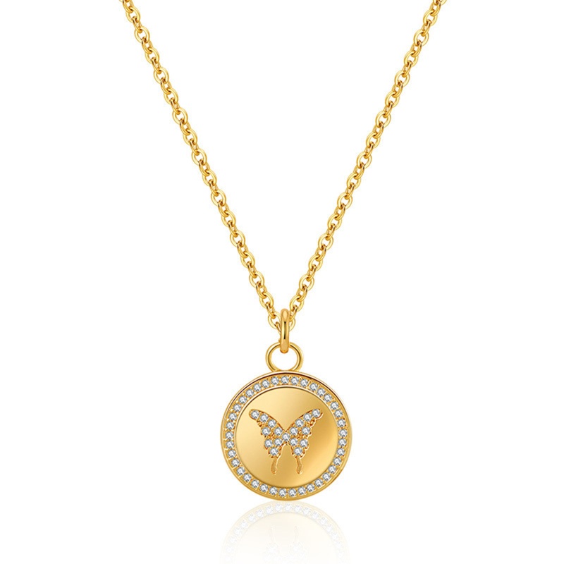 1 Piece Eco-Friendly Vacuum Plating Stylish Simple 18K Real Gold Plated Copper & Cubic Zirconia Link Cable Chain Round Butterfly Pendant Necklace For Women Party 41Cm(16 1/8") Long